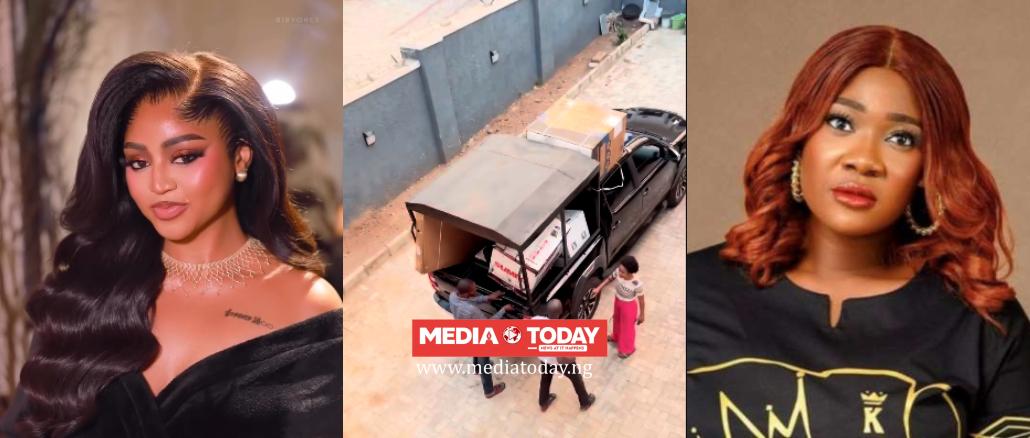 Regina Daniel Overwhelmed As Mercy Johnson Surprises Her With Gifts At New Abuja House