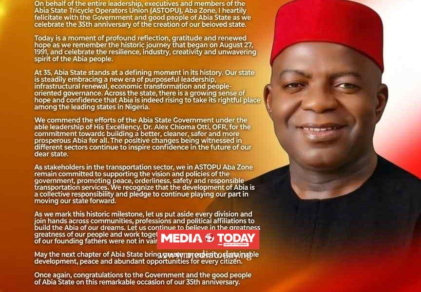 Abia @ 35: ASTOPU Aba Zonal Chairman, Victor Azubuike Celebrates Gov. Alex Otti, Abians, Hails State’s Journey of Progress